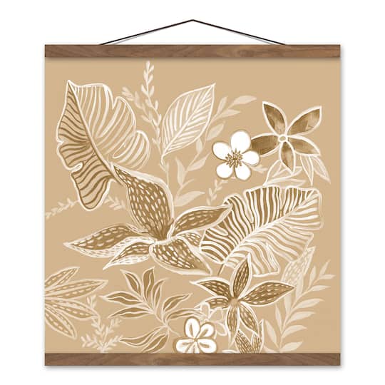 Neutral Tropical Flowers Teak Hanging Canvas